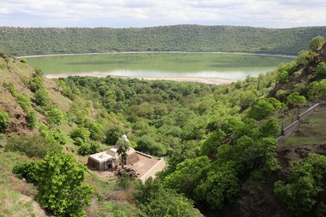 view of Lonar Lake and Kumareshwar Temple